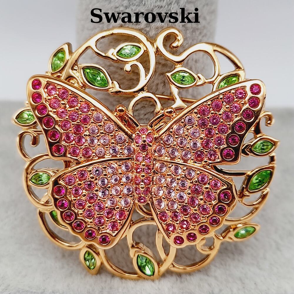 Vintage Swarovski Butterfly Brooch Pink Red Rhinestone Gold Tone